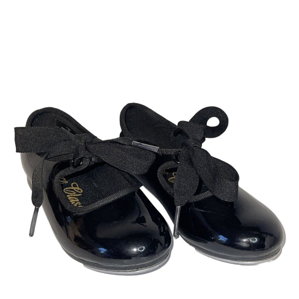 Dance Class Tap Shoes Childs Size 10 Patent Uppers Ribbon Closures